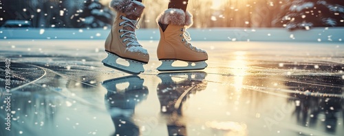 ice skating on winter rink. Speed skating shoes detail
