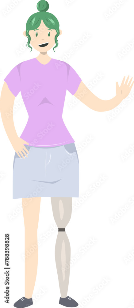 Illustration of a girl with a prosthetic leg in flat style on white background. Flat Illustration on the theme of body positivity