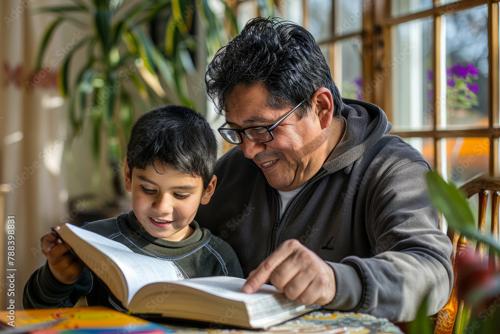 An enthusiastic Spanish father and child bond over reading a book together while completing homework, savoring the excitement of learning. An enthusiastic Spanish father and child bond over reading a book together while completing homework, savoring the excitement of learning.