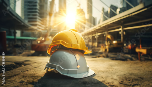 A generative AI illustration with a construction site in the background and a helmet to be worn for safety.