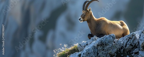 Alpine ibex (Capra ibex), standing in wild flowers and mountains on the background. banner.