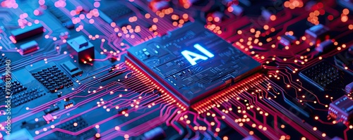 Electronic circuit with chip processor in center with AI sign. CPU concept.