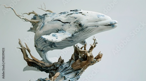 A white whale statue swims through the trees.