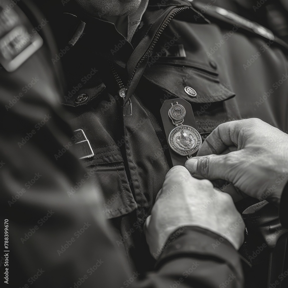 A black and white photo of a police officer being awarded a medal.