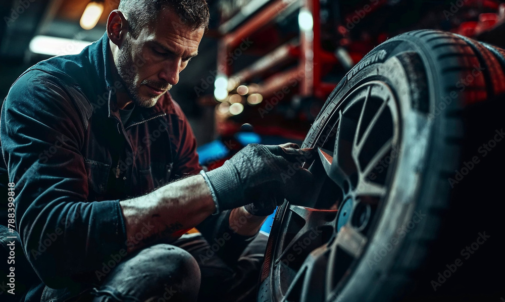 Focused Mechanic Repairing Car Tire in Workshop Focused Mechanic Repairing Car Tire in Workshop