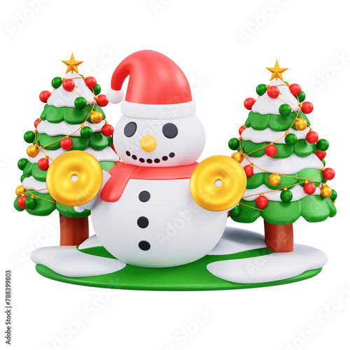 3D Snowman with Decorated Christmas Trees Icon (ID: 788399803)
