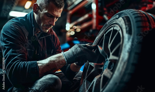 Focused Mechanic Repairing Car Tire in Workshop