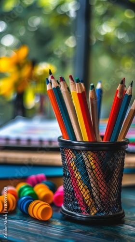 A cup full of colored pencils.