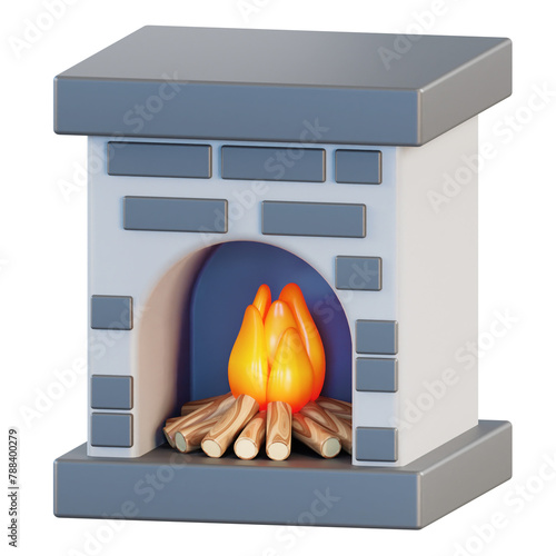 Cozy Christmas 3D Fireplace Icon with Blue Decor (ID: 788400279)