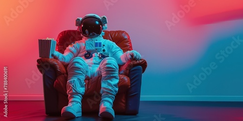 AI generated image, concept photo of an Astronaut sitting on sofa enjoying movie with a popcorn box in hand
