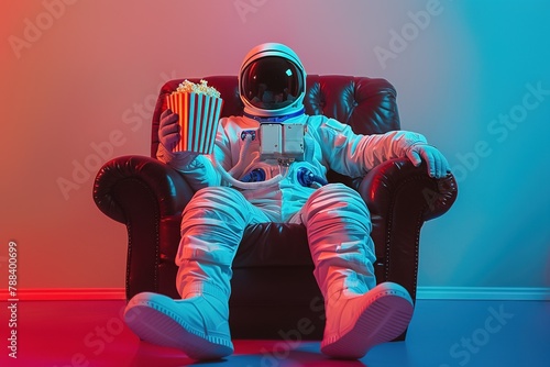 AI generated image, concept photo of an Astronaut sitting on sofa enjoying movie with a popcorn box in hand