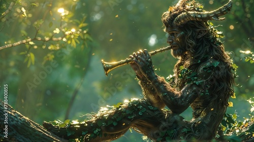Woodland Satyr Musician A woodland satyr sits atop a fallen log, playing a mystical, pan-pipe-like instrument. . Generative ai photo