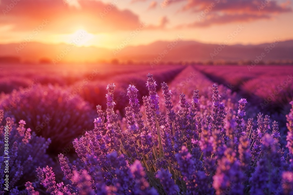 Obraz premium Close-up of Fragrant Lavender Blossoms at Sunset. Ideal for showcasing natural beauty, summer vibes, or the essence of Provence. Generative ai