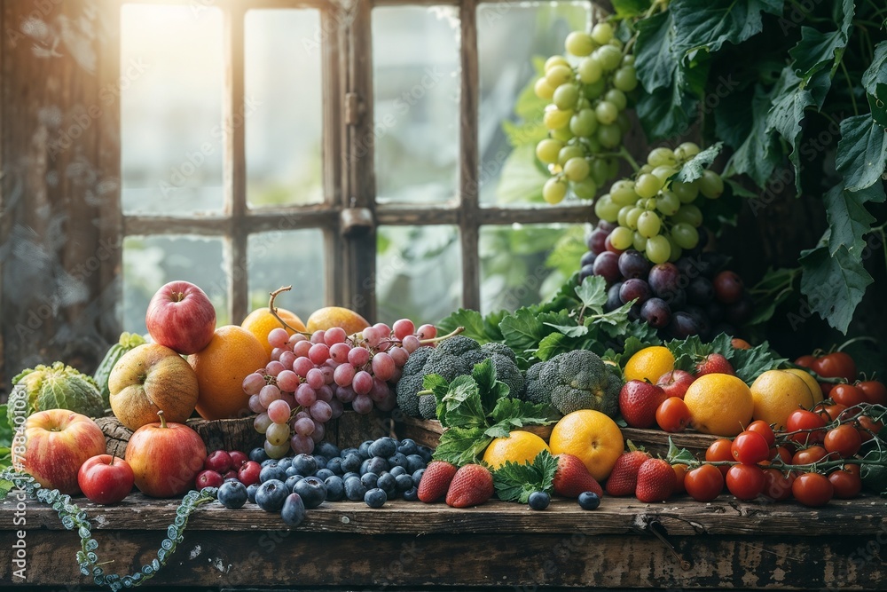  Vibrant Summer Produce on Rustic Table with Sunlight. Perfect for illustrating healthy eating, farm-to-table concepts, or summer recipes. Generative ai