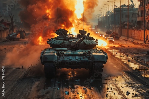 Warzone Inferno: Tank Advancing Through Burning City. Generative ai