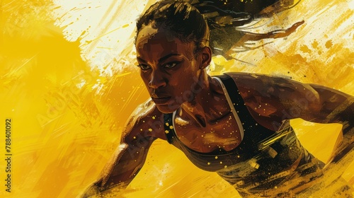 A digital painting of a black female runner in a yellow background. photo