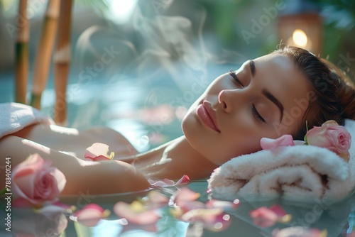 Woman Relaxing in Flower-Filled Water. Generative ai