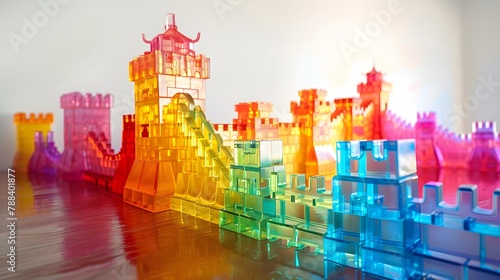 Brightly colored clear building blocks fit together to form the colorful Great Wall of China.