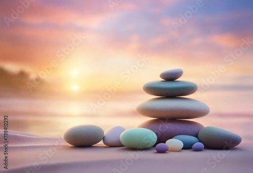 Zen stones on the beach in soft colors - AI generated