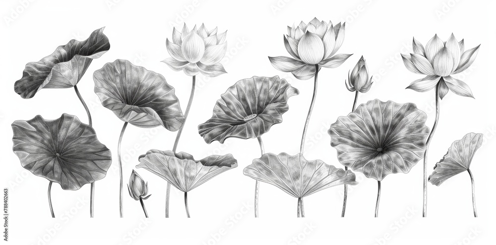 KSA set of handdrawn sketch drawings of lotus leave