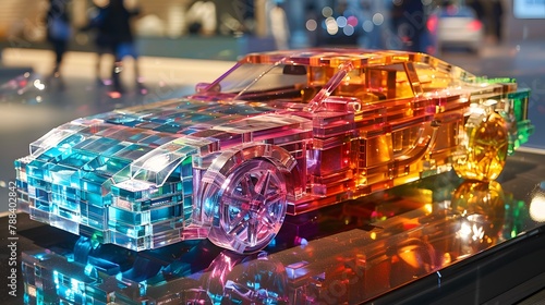 A clear old model of a car full of colors.