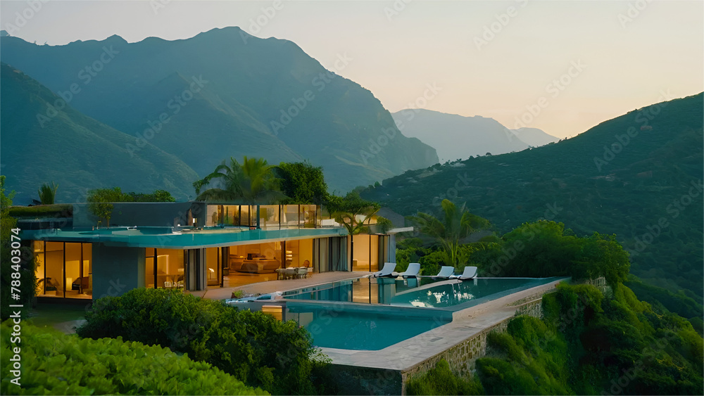 Modren and Luxury exterior house with a large water pool on top of a mountain is surrounded by lush greenery and foggy mountains in the background