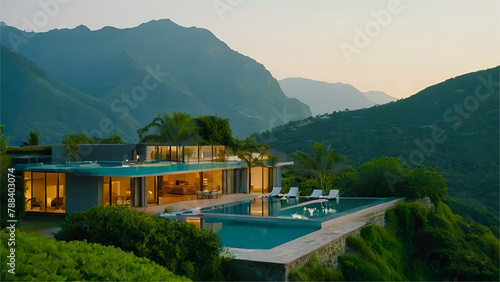 Modren and Luxury exterior house with a large water pool on top of a mountain is surrounded by lush greenery and foggy mountains in the background