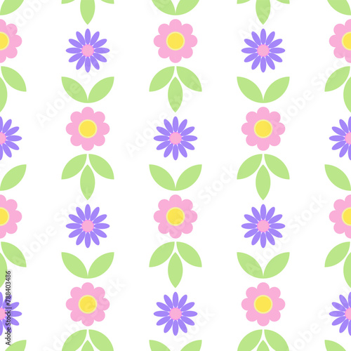 Pink and lilac flowers isolated on a white background. Seamless pattern. Flat style, simple abstract flowers. Vector background for cover, fabric, decor.