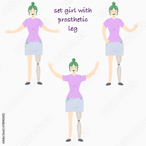 Set Illustration of a girl with a prosthetic leg in flat style. Flat Illustration on the theme of body positivity.