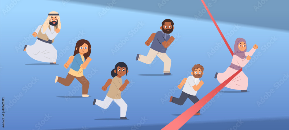 Cartoon people running crossing red ribbon finish line. Success winner concept flat vector illustration