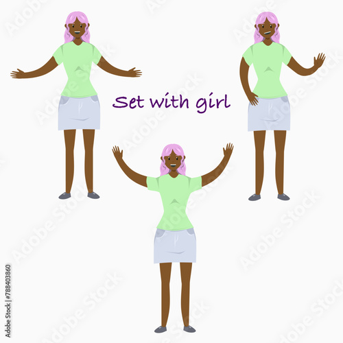 Set Illustration of a girl in flat style. Flat Illustration on the theme of body positivity.