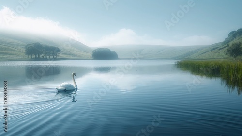 A tranquil lake is nestled among rolling hills, its surface like glass reflecting the azure sky above. A lone swan glides gracefully across the water, leaving a trail of ripples in its wake. © Muzammil Elahi