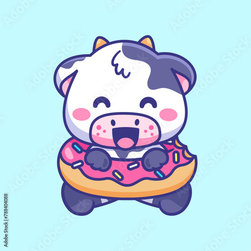 adorable cow is eating a pink donut