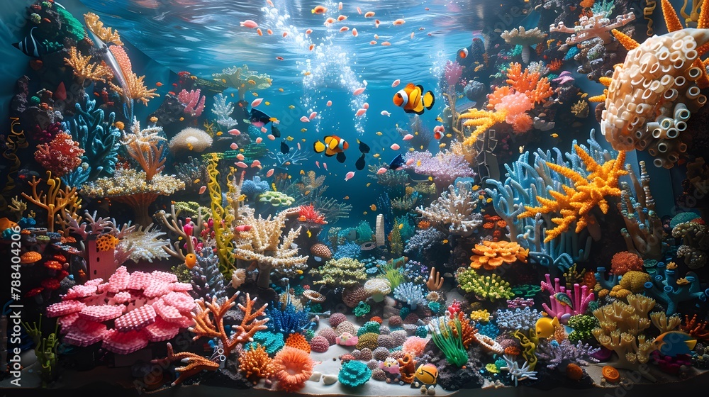 A colorful coral reef teeming with fish creates a vibrant underwater world