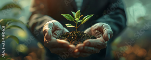 Young sprout in hands of farmer. Symbol of ecology, new life, growth and care. Green seedling sprout over the soil. Earth day. Agriculture concept. desidn for bunner, ads, poster photo