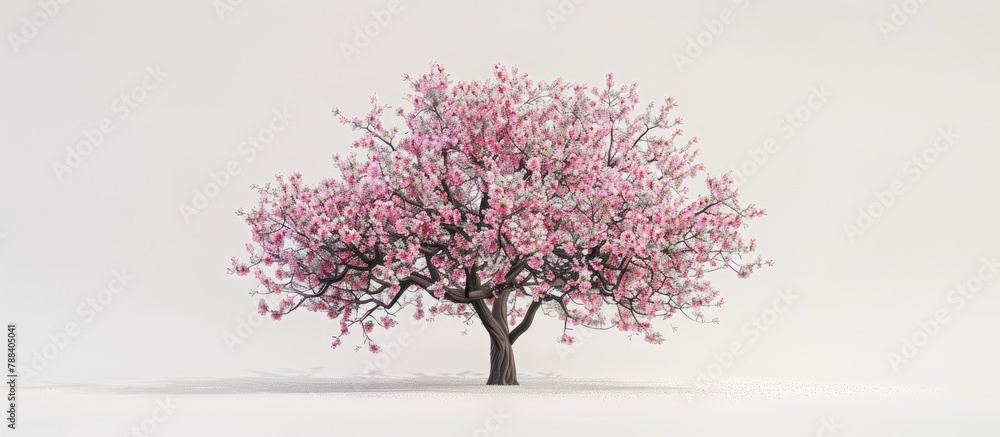 Obraz premium Cherry tree blooms in spring against a white backdrop.