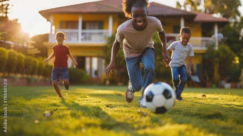 family bonding over a game of soccer in the backyard, fostering fitness and connection