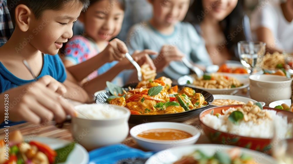 family enjoying a home-cooked Thai meal together, with dishes like massaman curry, stir-fried basil chicken, and jasmine rice.