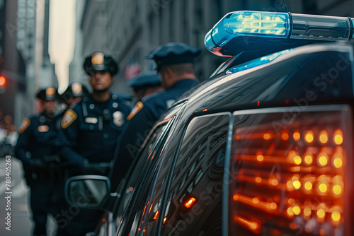 Police car lights close up. A group of policemen on the background 