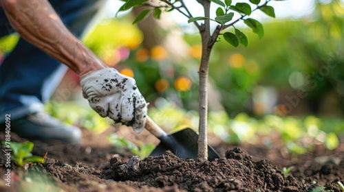 gardener using a shovel to loosen soil around the base of a tree, aerating the roots and promoting healthy nutrient absorption. photo