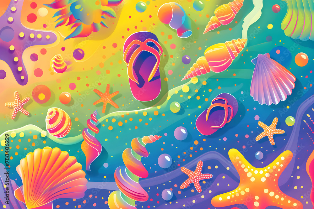 Flip flops, seashells, and starfish scattered on a sandy beach with gentle waves Flip flops, seashells, and starfish scattered on a sandy beach with gentle waves