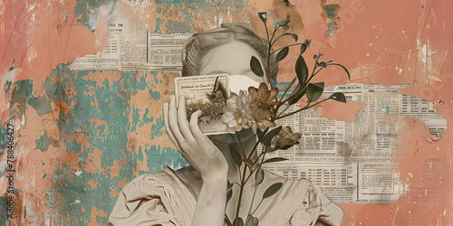 Vintage Collage Portrait with Florals and Newspaper Background
