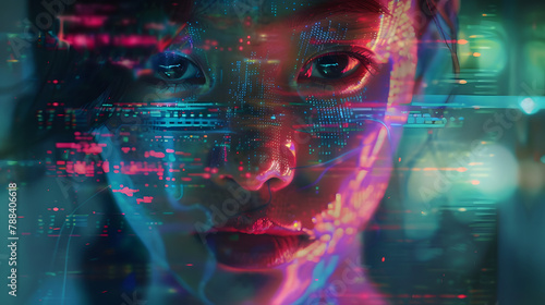 Woman face with matrix digital numbers artifical intelligence ai theme with human face