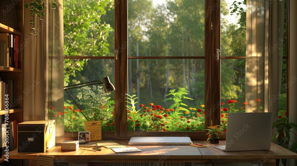 home office with a view of nature, featuring a desk by a window overlooking a garden or scenic landscape home office with a view of nature, featuring a desk by a window overlooking a garden or scenic landscape