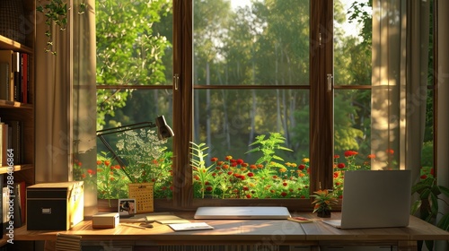 home office with a view of nature, featuring a desk by a window overlooking a garden or scenic landscape