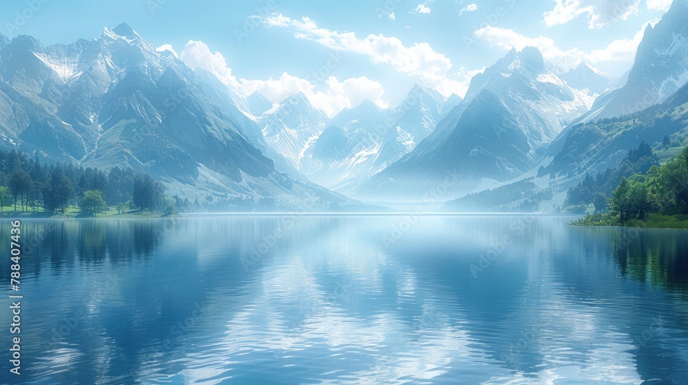 A tranquil lake is surrounded by towering mountains, their snow-capped peaks reflected in the mirror-like surface of the water. A gentle breeze ripples the surface, sending small waves lapping against