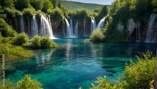 Exotic waterfall and lake landscape of Plitvice Lakes National Park  UNESCO natural world heritage and famous travel destination of Croatia. The lakes are located in central Croatia  Croatia proper 