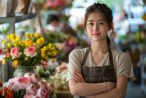 Asian woman wearing an apron confidently folds her arms over her chest in a flower shop. © S photographer