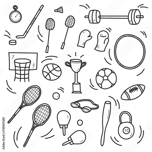 Sport sketch doodle Cartoon Set hand drawn sport gym equipment Ball, tennis racket, boxing gloves, basketball Vector illustration isolated background for healthy activity life, Olympic game tournament