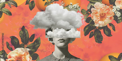Surreal Dreamlike Portrait with Clouds and Florals on Orange Background